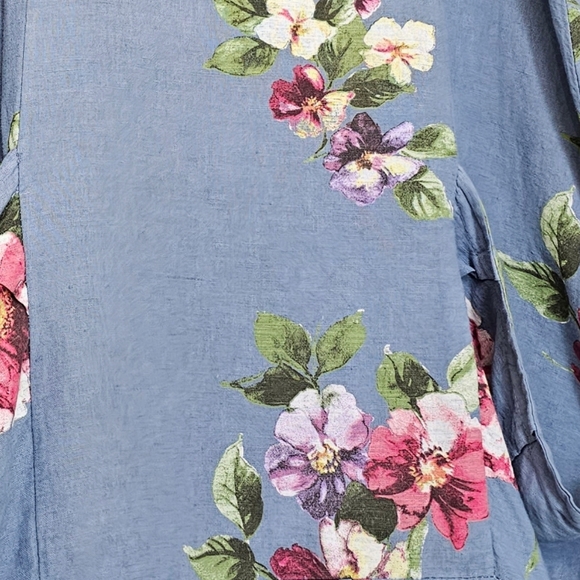 Nwot Vasna Italian Blue w/Pink Floral Linen Boxy  3/4 Sleeve Pockets Shi… - Picture 15 of 16